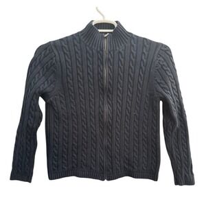 Vintage LLBean Women's Cable Knit Cotton Zip Up Sweater Jacket Navy Blue Size M